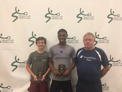 Isaac Mitchell (left) and James Makell (Baltimore SquashWise) Men's C Doubles State Champions 2019 with President Peter Heffernan